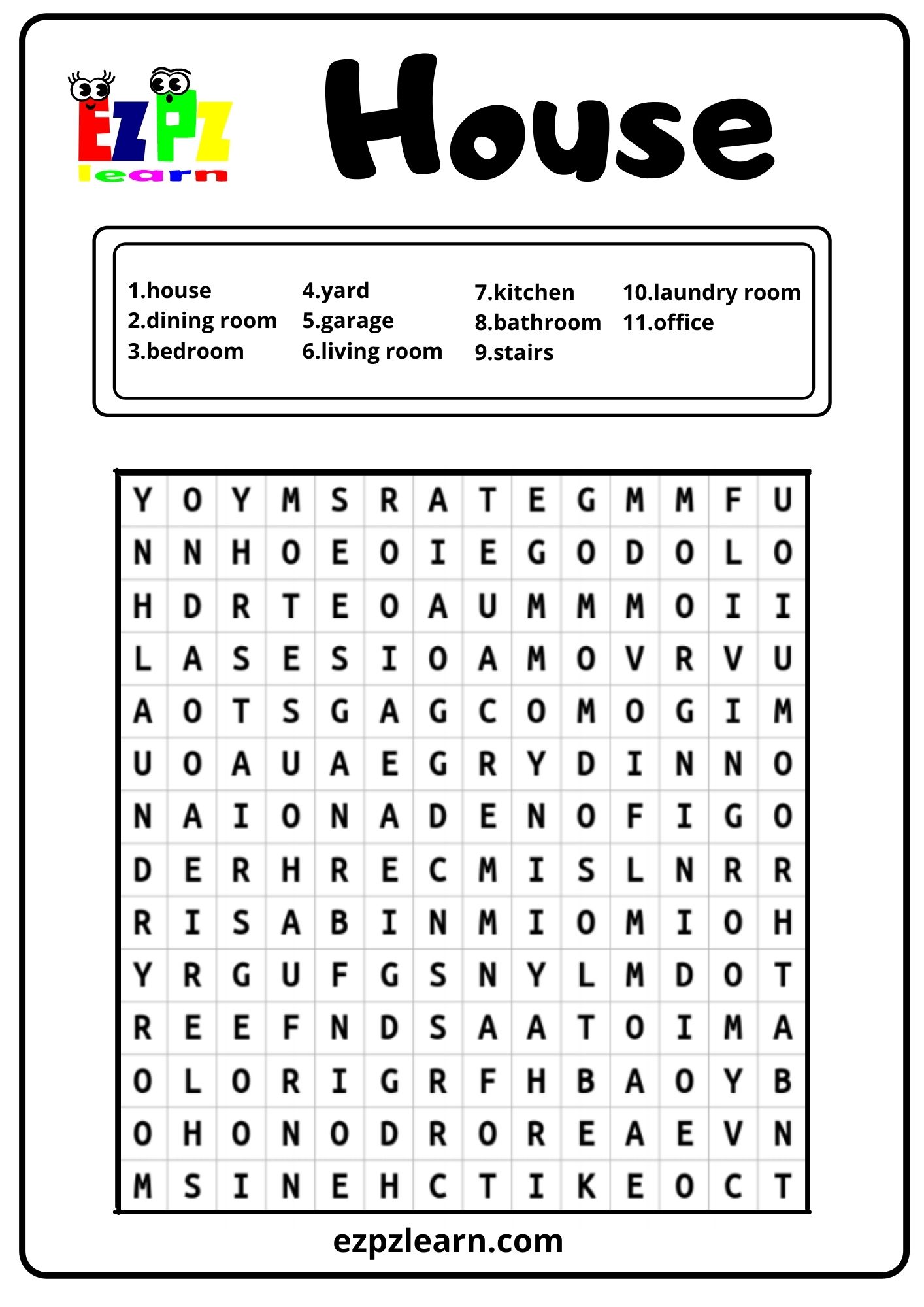 House Rooms Word Search Ezpzlearn